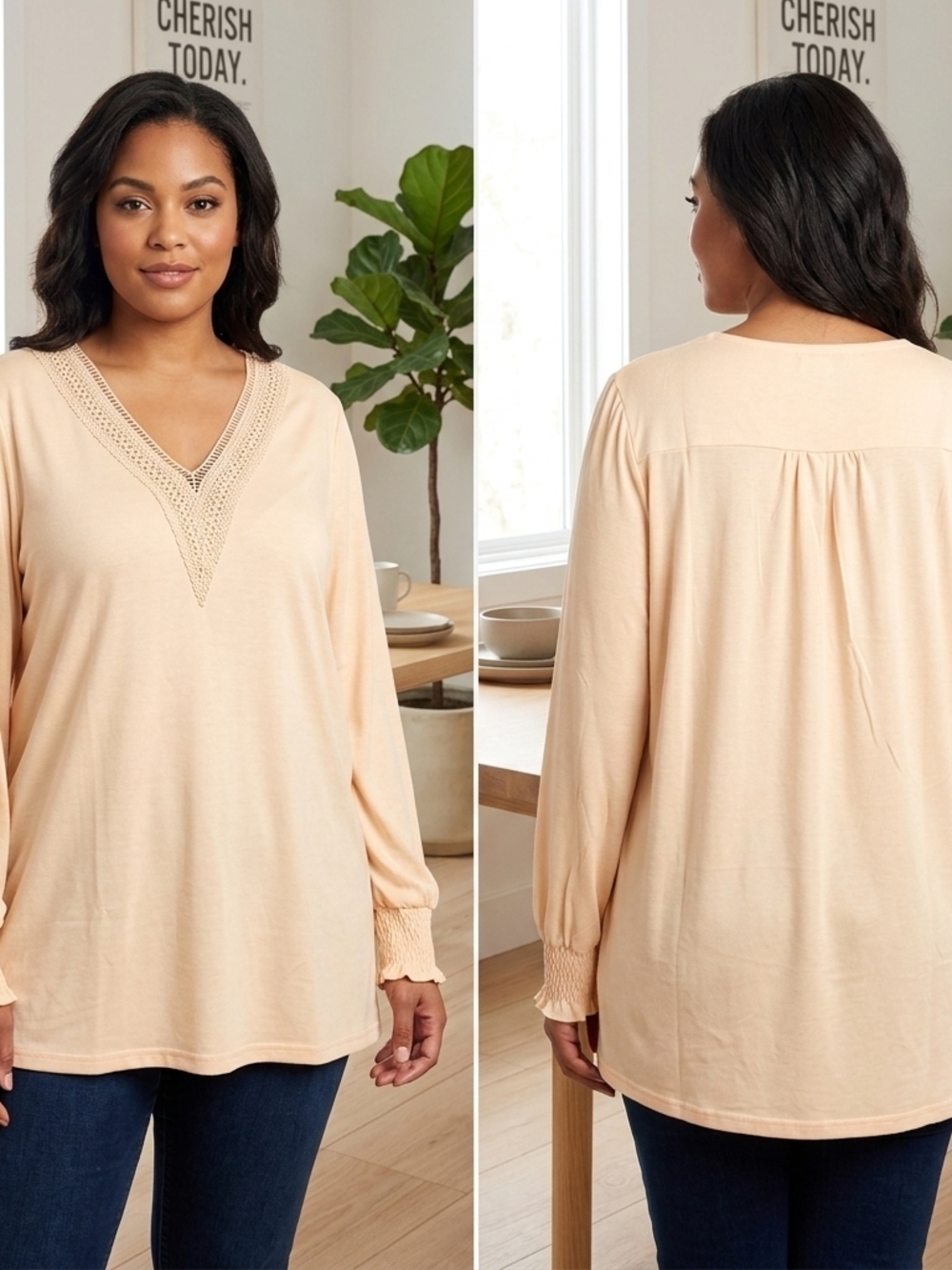 Women's Cream V-Neck Crochet-Trim Tunic Top